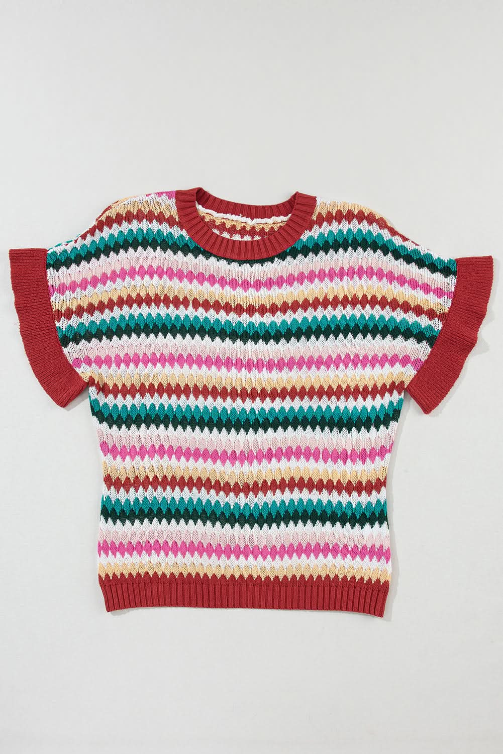 Fiery Red Trimmed Ruffle Sleeve Colorful Textured Sweater - Love Salve